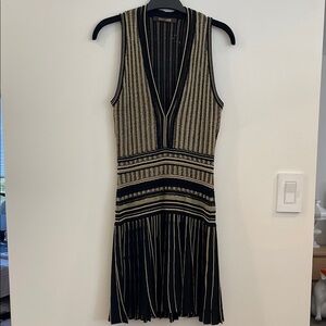 ROBERTO CAVALLI Elegant Black and Metallic Gold Striped Knit Dress 42IT - AS IS